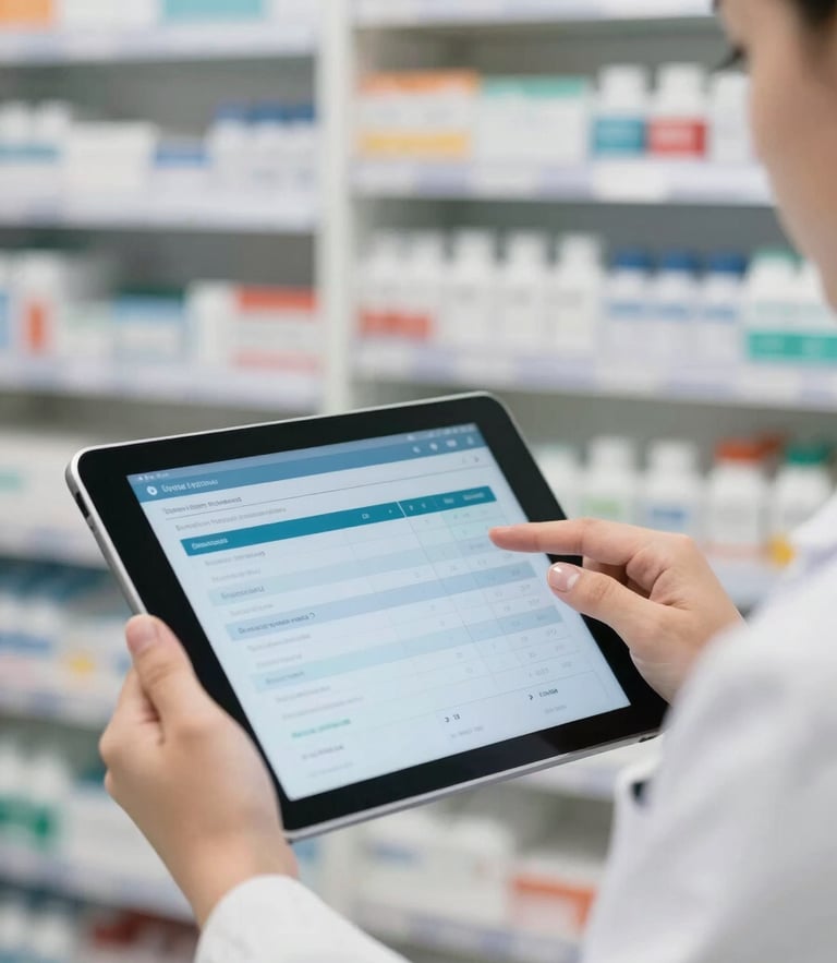 A professional close-up of a pharmacist interacting with a modern digital tablet showing sales metrics, clean organized pharmacy shelves in the background, clinical daylight