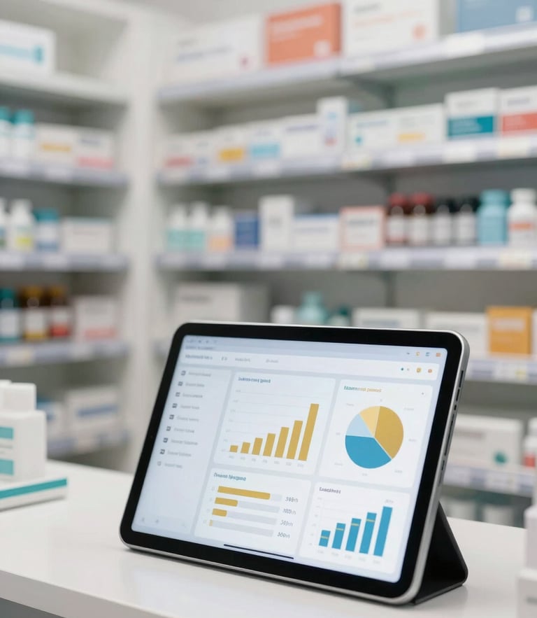 A bright, modern pharmacy interior with clean white shelves, a professional tablet in the foreground displaying a clean business analytics dashboard with gold and blue charts, natural daylight, sharp focus.