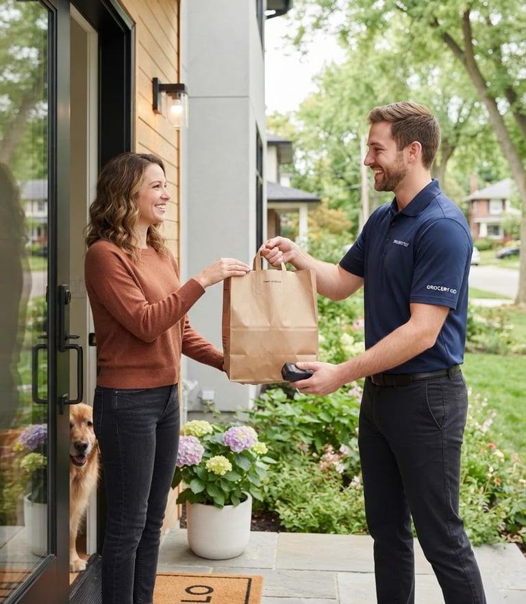 A friendly local delivery person handing a clean grocery bag to a smiling customer at a modern house doorway, bright daylight, warm community atmosphere