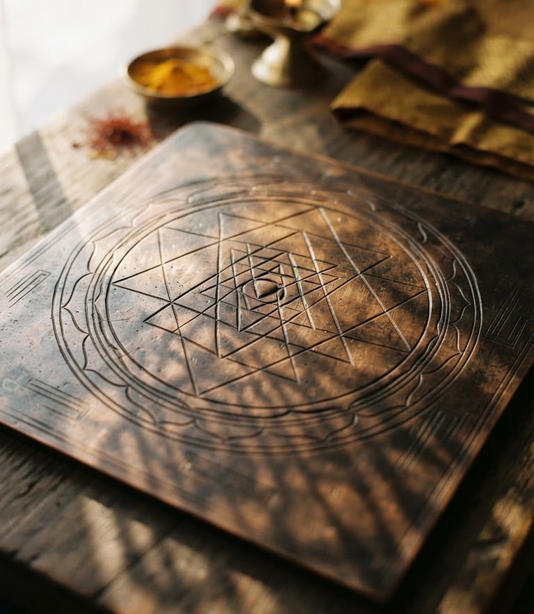 Macro close-up of a heavy-gauge copper Sri Yantra on a wooden altar, soft morning sunlight casting geometric shadows, warm editorial photography, 35mm