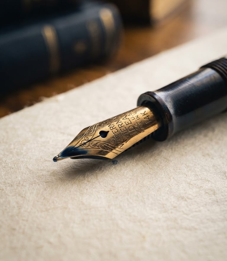Extreme close-up of a classic fountain pen nib resting on textured cream paper, soft diffused library light, warm gold accents, high-contrast shadows.