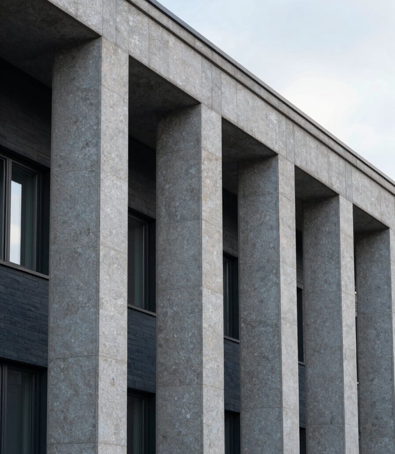 Close-up of a modern Swiss building facade with clean granite columns and soft morning light, architectural crop, 35mm lens