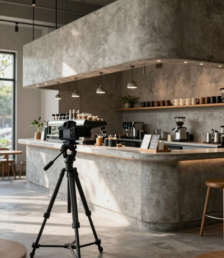 Wide architectural shot of a modern Scandinavian-style cafe in Bangalore, a tripod with a camera rig positioned in the foreground focusing on a concrete coffee bar, soft natural morning light.