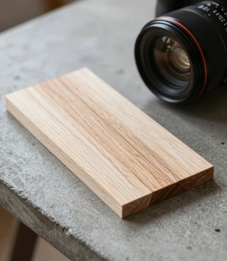 A portrait-oriented close-up of raw pine timber swatches resting on a concrete table next to a camera lens, soft diffused natural light, Scandinavian aesthetic.