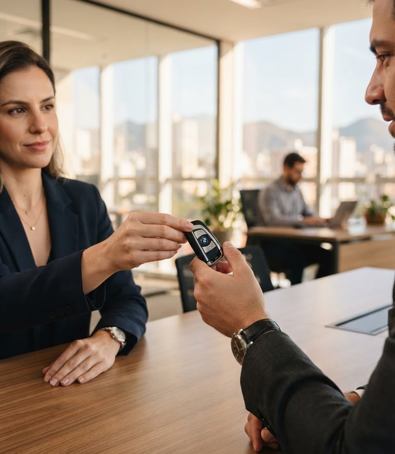 Bright professional photography of a modern car key being handed over in a clean, daylight-filled office in Belo Horizonte, warm corporate tones, sharp focus.