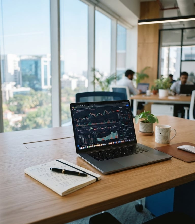 A bright modern office in Bengaluru with large windows, a clean wooden desk with a laptop displaying financial charts, a neatly arranged notebook, soft natural daylight, 35mm photography.