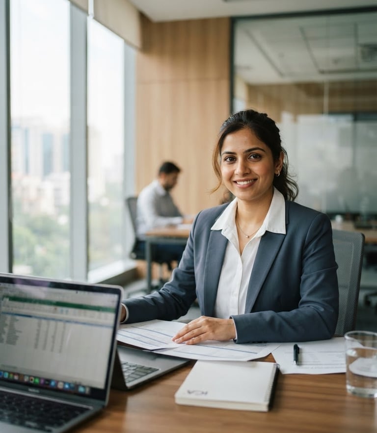 Bright editorial portrait of a professional female Chartered Accountant in a modern Gurugram office, natural daylight, clean slate blue tones, 35mm