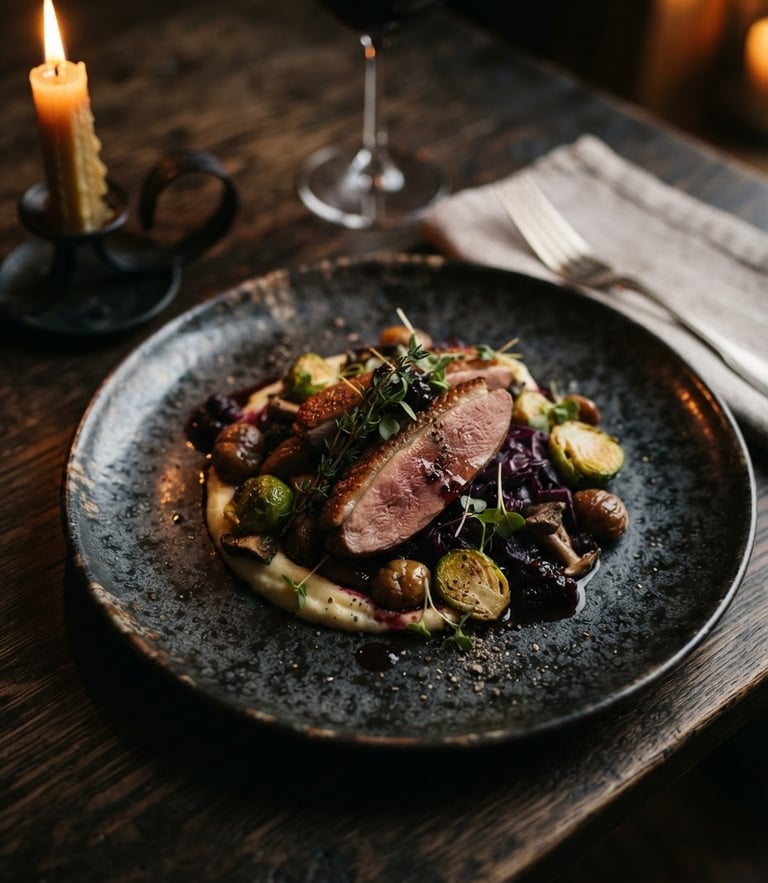 Moody editorial food photography, warm candlelight, deep shadows, a beautifully plated seasonal dish on a dark ceramic plate, shallow depth of field, 35mm