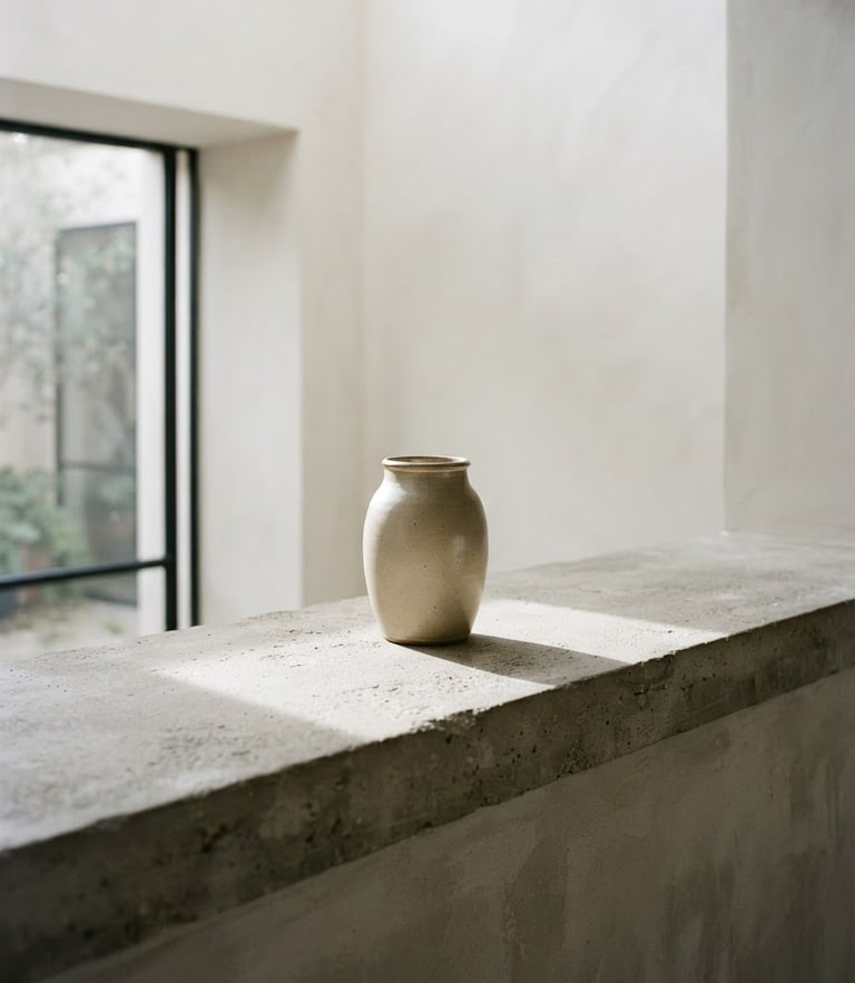 A single minimalist ceramic vase on a raw concrete ledge, soft morning daylight casting long shadows, architectural negative space, 50mm lens