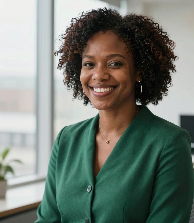 An African American woman smiling warmly in a bright office, soft natural window light, professional and welcoming atmosphere, 35mm photography