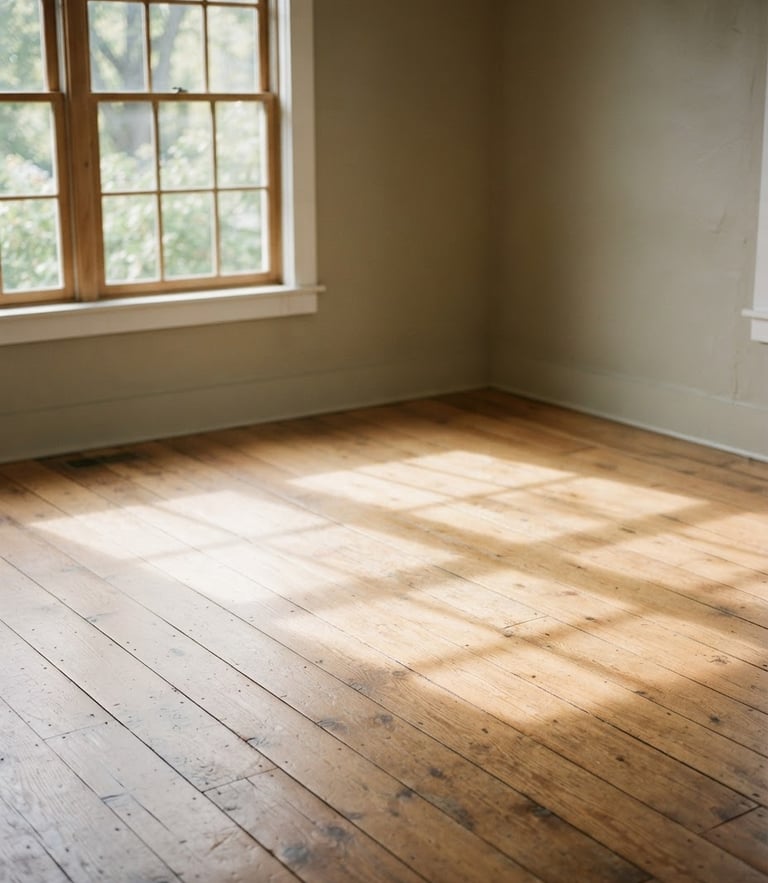 A warm, soft-lit empty room with natural window light casting soft shadows on a hardwood floor, muted sage and warm taupe tones, 35mm film look.
