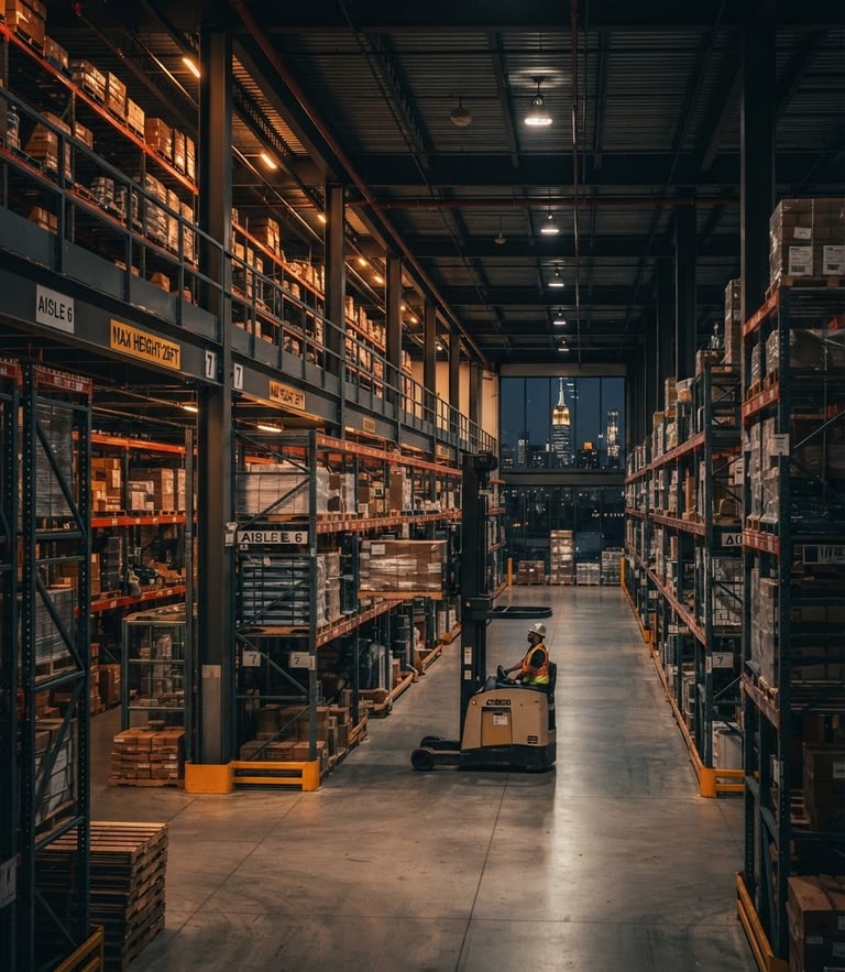 Wide environmental shot of a clean, organized modern warehouse interior in New York, dramatic low-key lighting with warm amber accents, sharp focus.