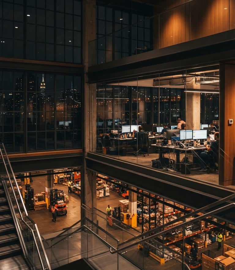Sleek modern logistics office in New York, architectural steel and glass windows, warm amber lighting accentuating clean lines, sharp focus.