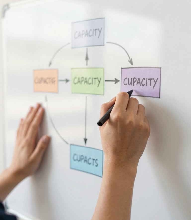 A close-up of hands drawing a strategic capacity framework on a whiteboard, bright natural daylight, warm editorial photography, 35mm lens