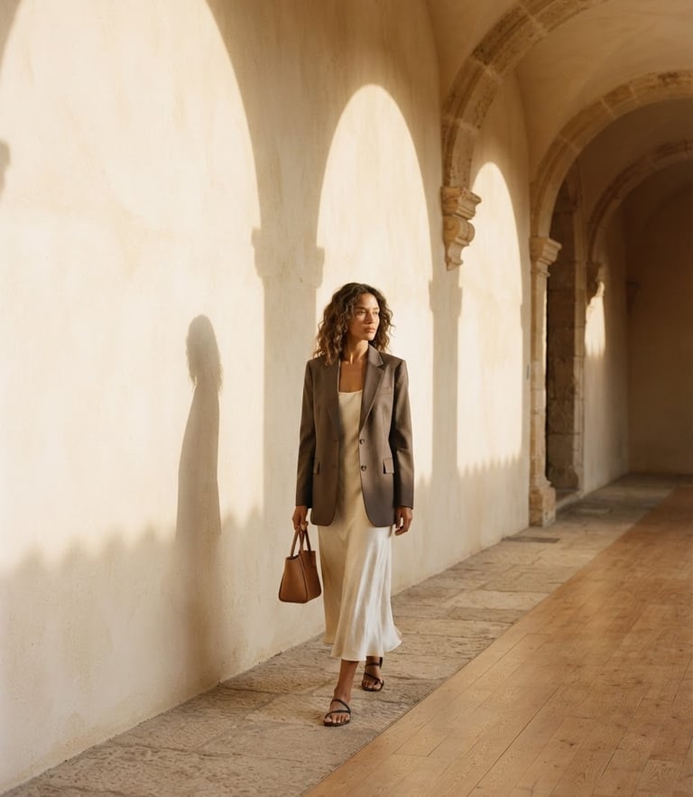 Soft golden-hour light casting shadows of elegant stone arches on a warm cream wall, high-fashion aesthetic, luxury, 35mm