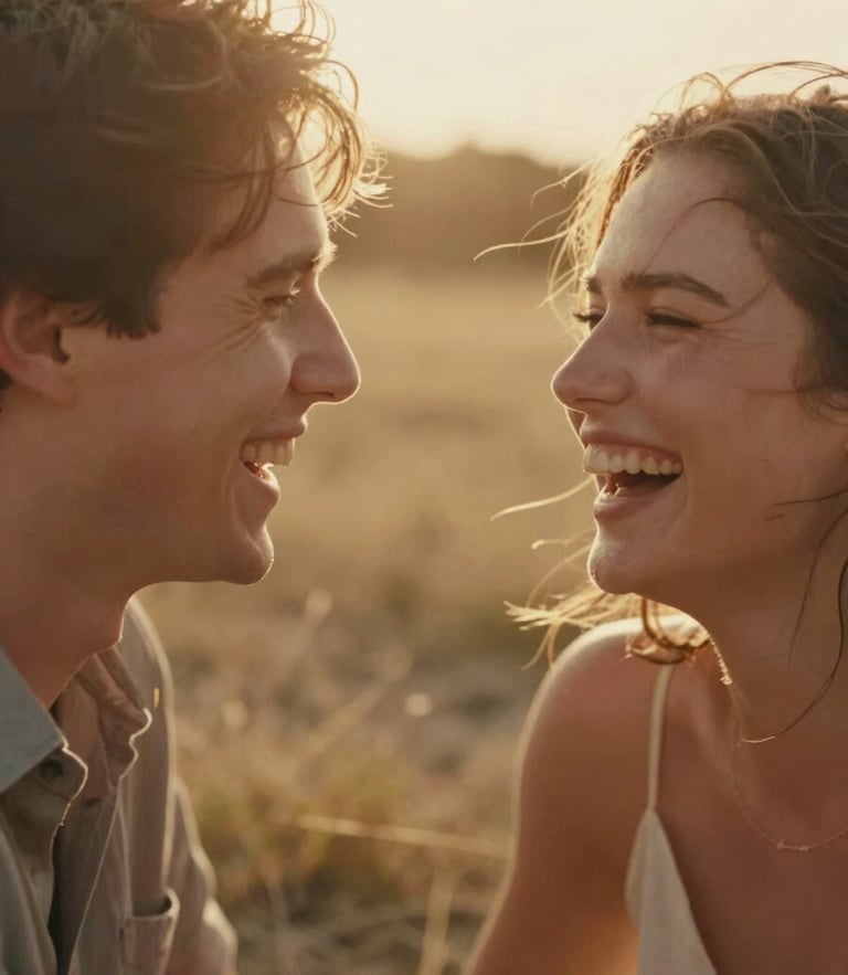 Intimate close-up of a couple laughing, warm golden-hour sun, soft backlighting, cinematic 35mm film aesthetic, out of focus sun-drenched meadow background