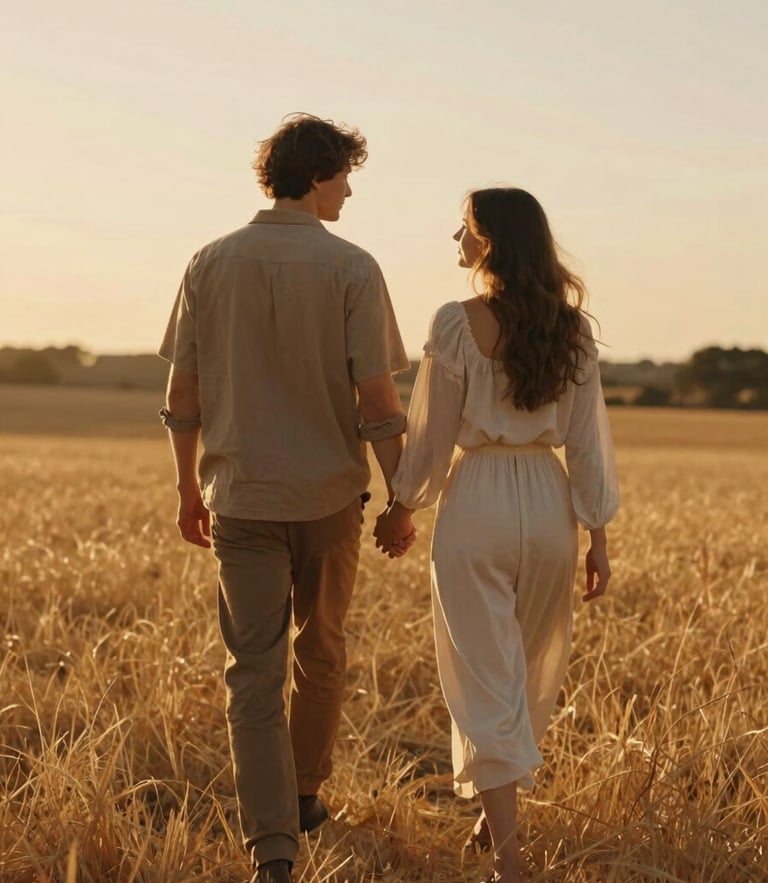 A couple walking hand-in-hand through a sun-drenched golden field, back-lit by warm sunset light, cinematic 35mm film aesthetic, soft focus