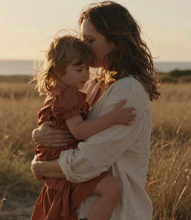 A warm family embrace in a sun-drenched coastal meadow, soft sunset light filtering through hair, cinematic 35mm film aesthetic, candid
