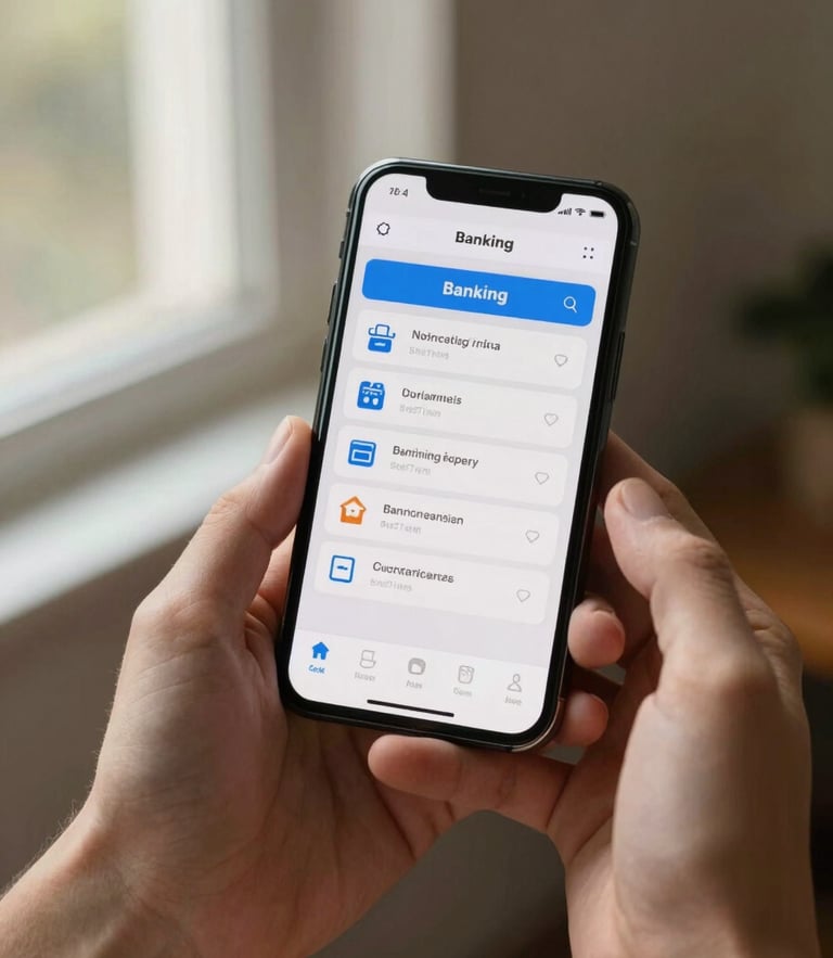Close-up of hands securely holding a smartphone displaying a clean banking interface, warm natural light from a side window, soft shadows, premium editorial style.