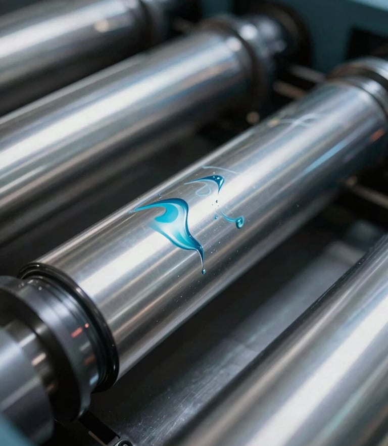 Macro close-up of heavy industrial offset printing press cylinders in motion, sharp cool-toned studio lighting highlighting metallic precision and cyan ink calibration