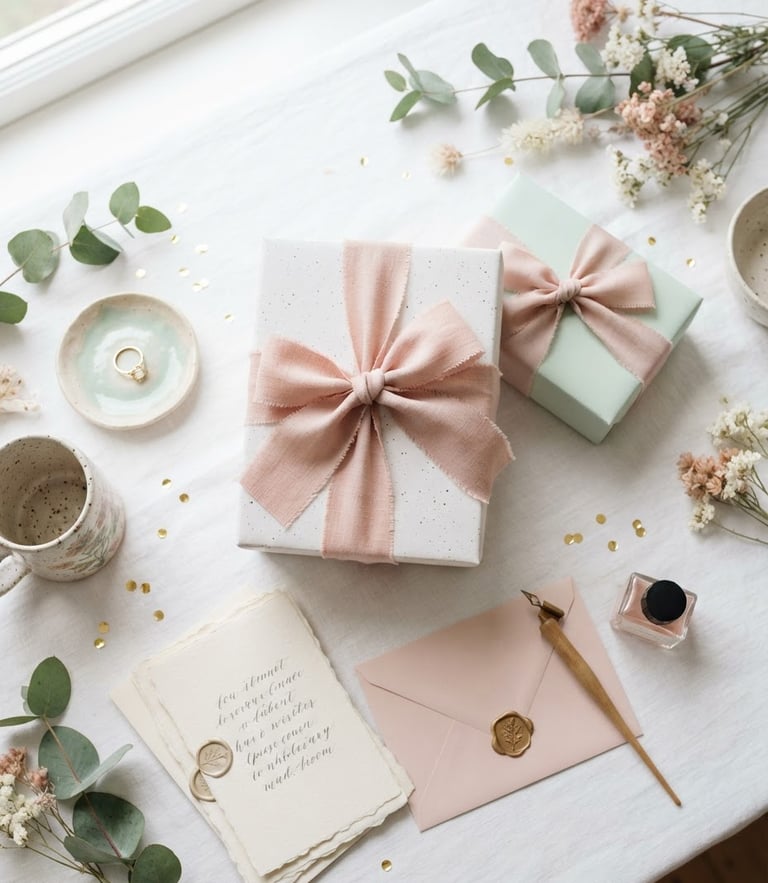 Overhead flat-lay of beautifully wrapped gift boxes with textured blush pink ribbons, artisanal ceramics, and fine stationery on a clean white table, soft natural daylight, shallow depth of field.