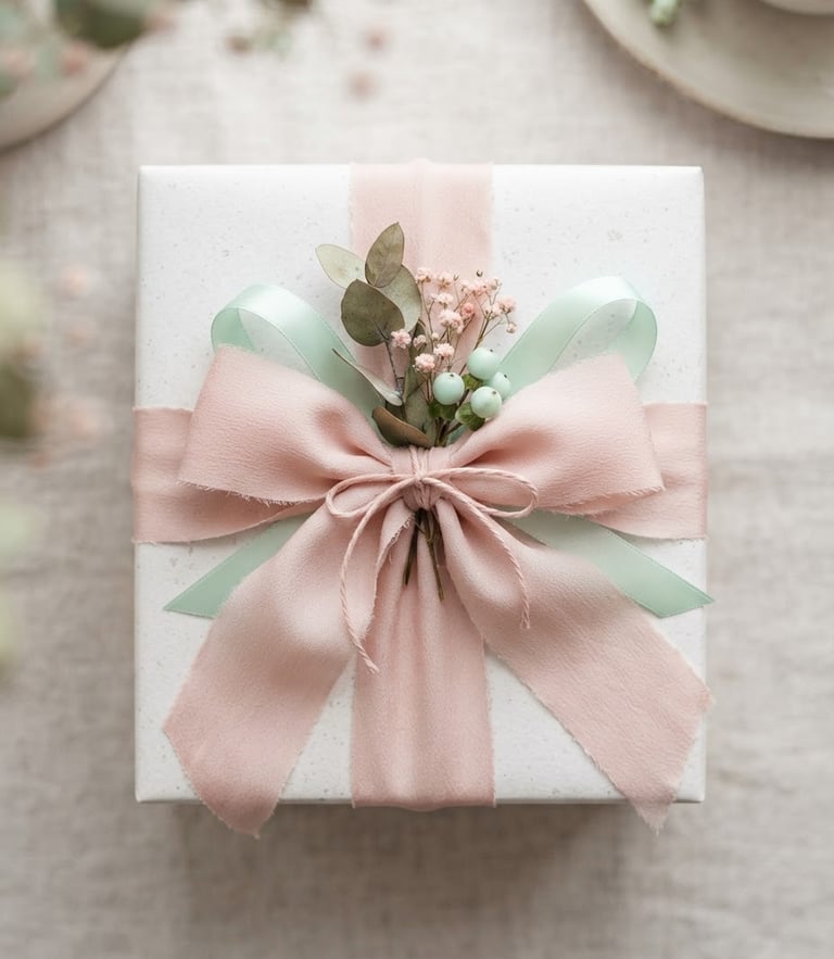 Overhead flat-lay of a beautifully wrapped gift box with textured blush pink ribbons, pastel mint accents, soft natural daylight, shallow depth of field