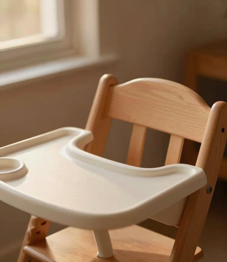 Close-up of a beautifully clean wooden high chair, warm soft golden-hour window light, rich terracotta tones, shallow depth of field, 35mm