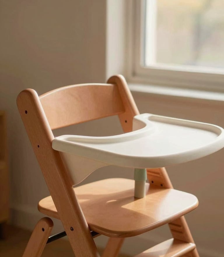 Warm editorial photography of a clean wooden high chair next to a sunlit window, soft terracotta and sage tones, shallow depth of field, 35mm