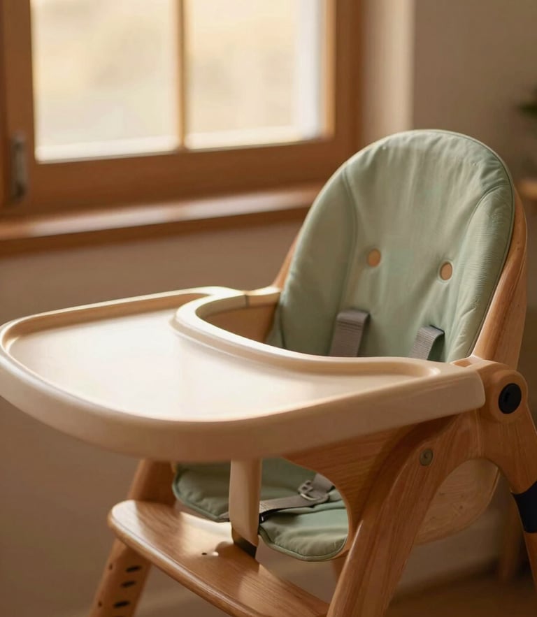 Close-up of a beautifully maintained wooden high chair next to a soft fabric baby carrier, warm golden-hour window light, rich terracotta tones, shallow depth of field, 35mm