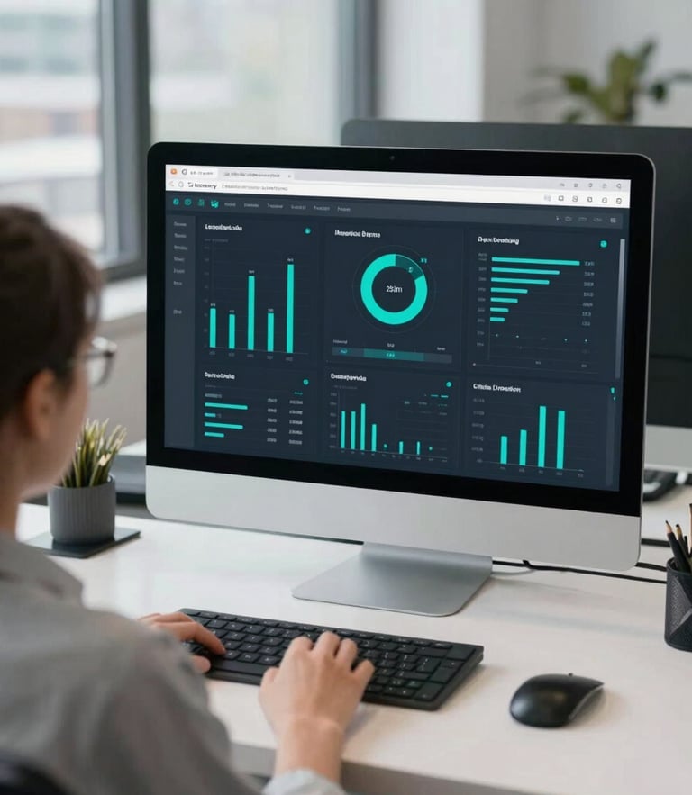Over-the-shoulder shot of a clean workspace in Toronto, a screen displaying a modern marketing dashboard with teal metrics, cool daylight, 35mm