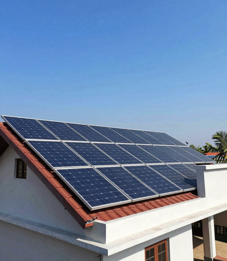Wide-angle vibrant outdoor photography of a modern regional Indian home roof equipped with clean solar panels under bright direct Srikakulam sunlight, clear blue sky, 35mm