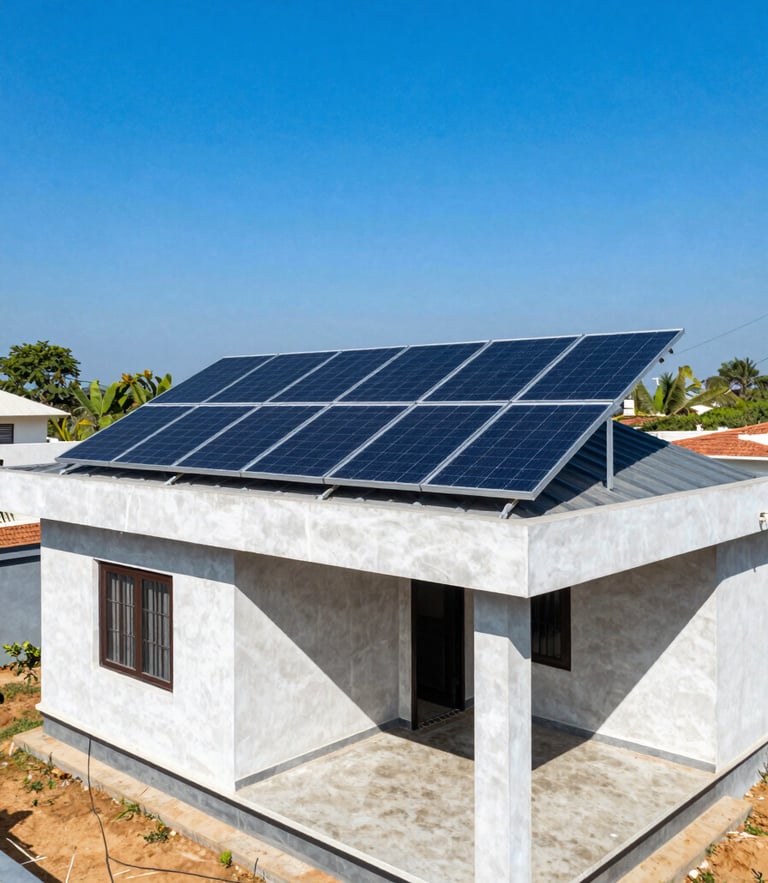 Vibrant outdoor photography of a modern home in Srikakulam under bright direct sunlight with newly installed monocrystalline solar panels on the flat concrete roof.