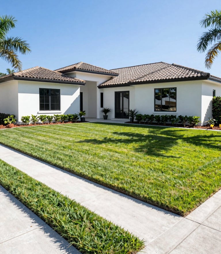 Low-angle architectural shot of a modern Florida estate with perfectly manicured lawns, razor-sharp concrete-to-grass borders, bright Florida sunlight, sharp defined shadows