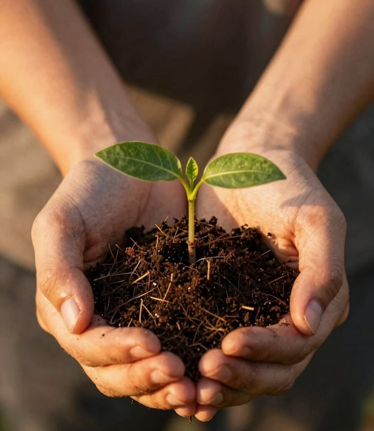 Close-up of hands holding a small native seedling with rich dark soil, warm golden-hour sunlight, shallow depth of field