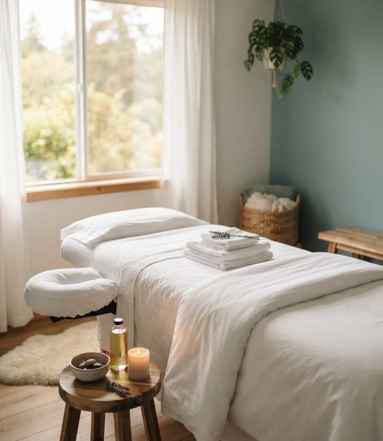 A serene, clean massage therapy room with crisp white linens on a pristine table, soft natural light filtering through a window, shallow depth of field