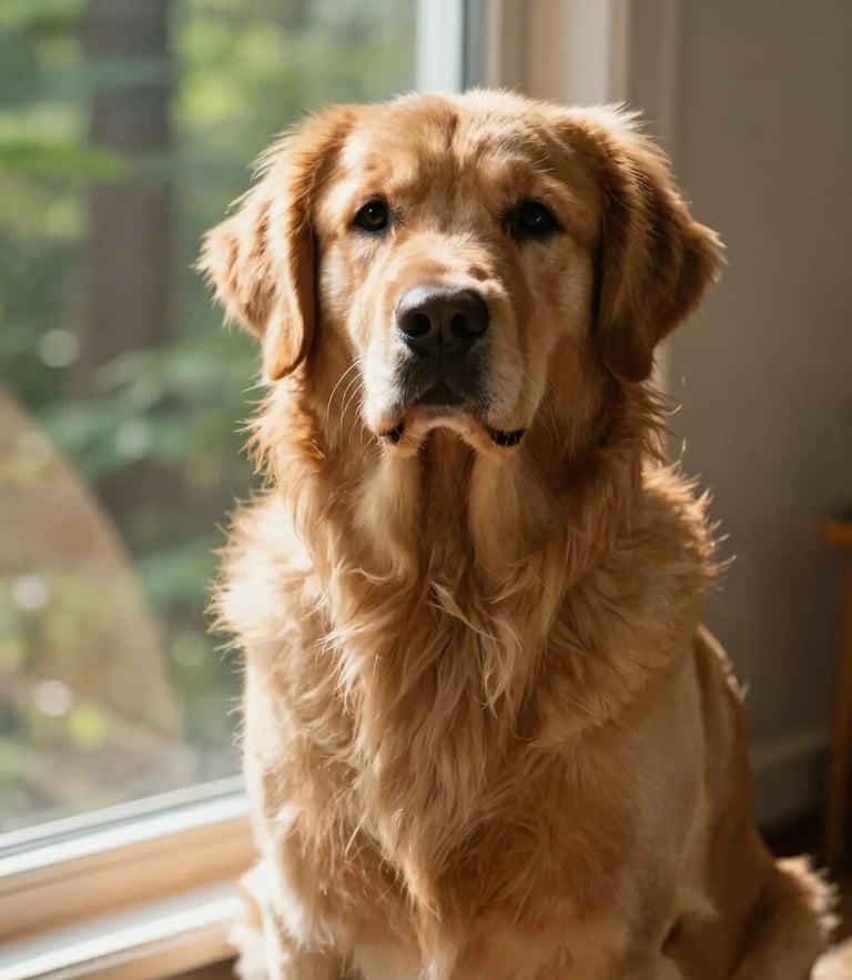 Candid warm editorial photo of a healthy golden retriever sitting calmly by a sunlit window, soft natural light, rich forest green background tones, shallow depth of field, 35mm