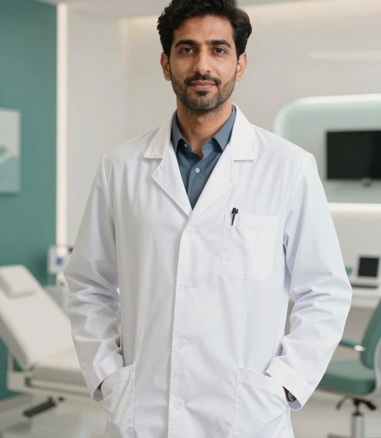 Professional clinical portrait of Dr. Ashhar Azmi in a pristine white medical coat, soft natural daylight, minimalist luxury medical clinic background, 35mm