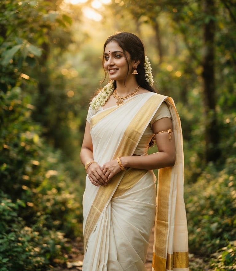 Elegant drape of a white and gold Kerala Kasavu saree on a model, warm natural daylight, soft golden-hour highlights, shallow depth of field