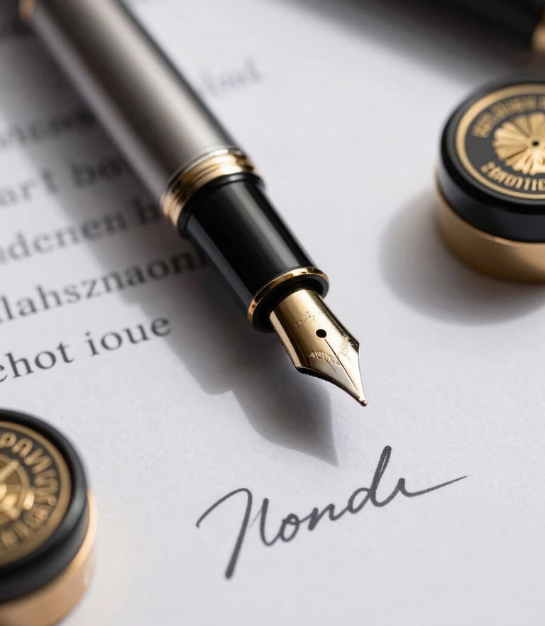 Close-up macro shot of a fountain pen resting on a signed legal document with official gold and black stamps, dramatic corporate lighting with sharp highlights and deep shadows, professional office background blurred