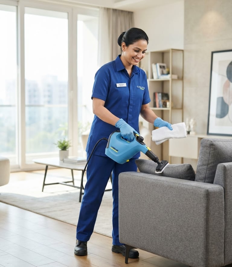 Medium shot of a professional Indian cleaning technician in a crisp blue uniform holding specialized cleaning equipment in a bright, modern Noida apartment.
