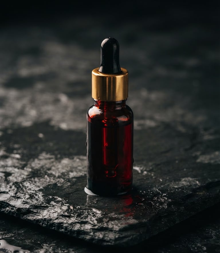 Premium dark glass vial with a gold dropper, resting on a wet dark slate surface, dramatic side lighting from the left, rich wine red reflections, 35mm photography