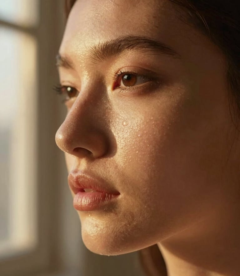 Macro close-up of a model with glowing, natural skin texture, warm cinematic golden-hour window light casting soft shadows, rich champagne and bronze tones, shallow depth of field.