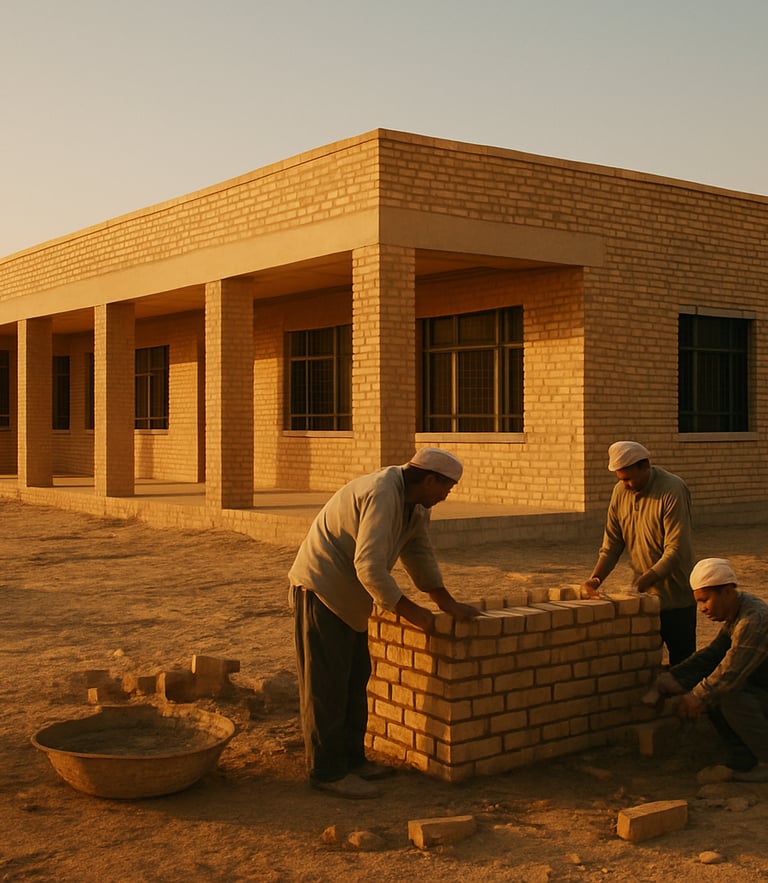 Wide environmental shot of a newly constructed community school in the Middle East, warm golden-hour light casting long shadows, local builders putting finishing touches on the masonry, authentic 35mm photography
