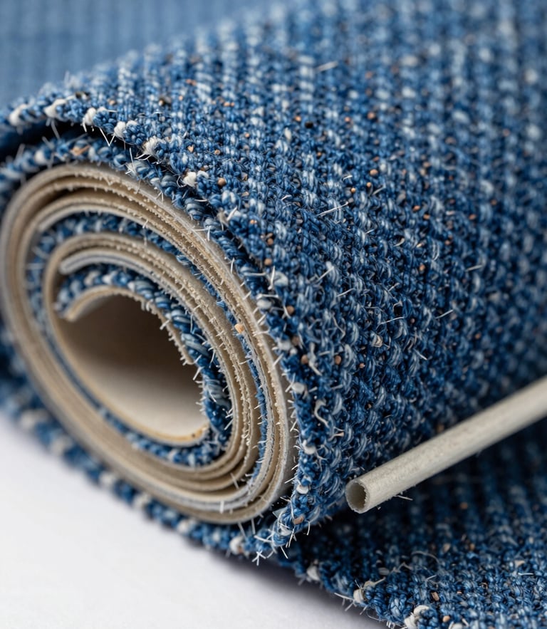 Extreme close-up macro shot of STACK composite material showing compressed blue denim fibers, crisp studio lighting, architectural surface texture.