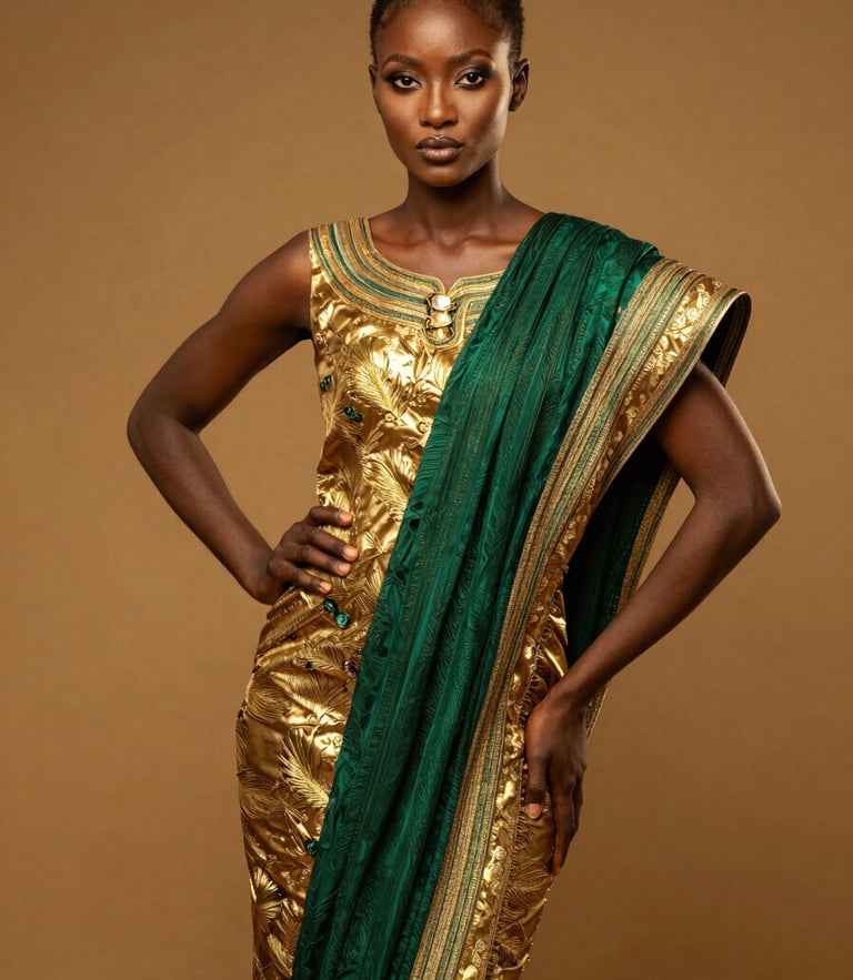 Warm editorial portrait of a Guinean model in contemporary emerald and gold attire, majestic pose, rich golden-hour studio lighting, 85mm focus