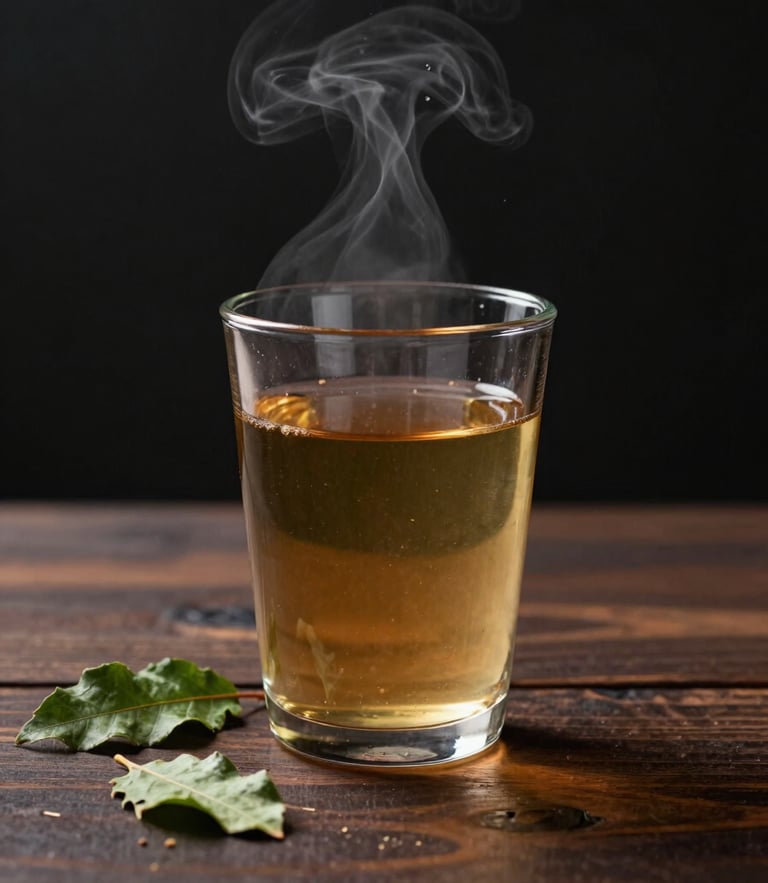 Une tasse en verre minimaliste contenant un thé ambré fumant, posée sur un comptoir en bois sombre, quelques feuilles de thé vert fraîches à côté, éclairage chaleureux de studio.