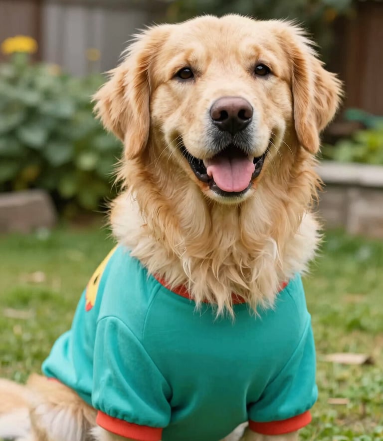A happy fluffy golden retriever wearing a colorful custom-fit teal shirt looking directly at the camera, bright natural daylight, outdoor garden setting