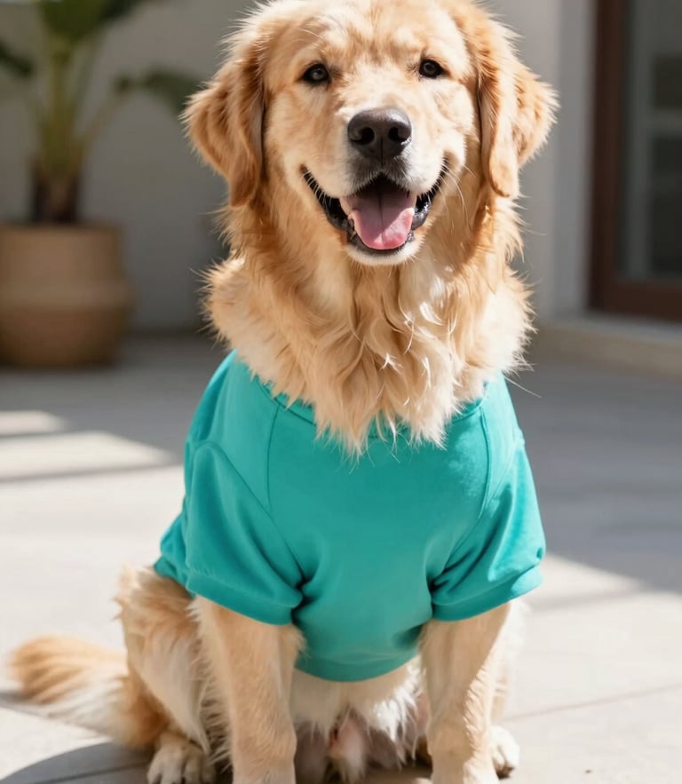 A happy golden retriever wearing a vibrant teal pet shirt, sitting in bright natural daylight on a sunny patio, looking directly at the camera, joyful mood.