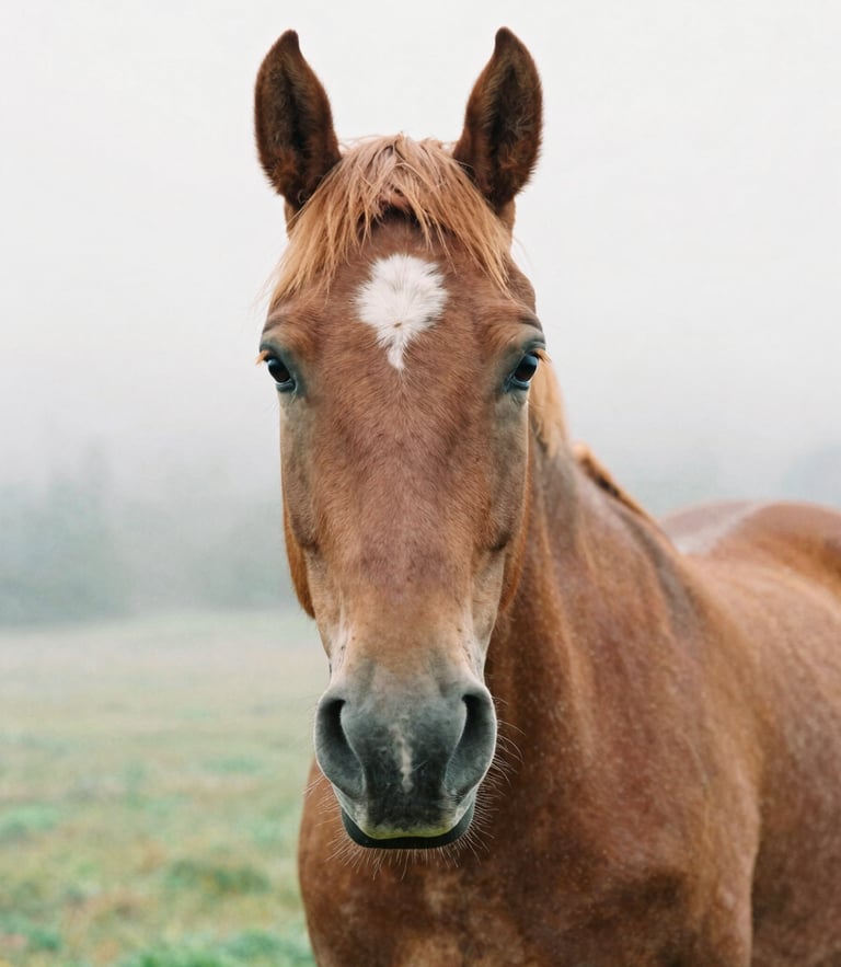A close-up portrait of a gentle chestnut horse in a misty Pacific Northwest pasture, soft overcast morning light, shallow depth of field, 35mm film