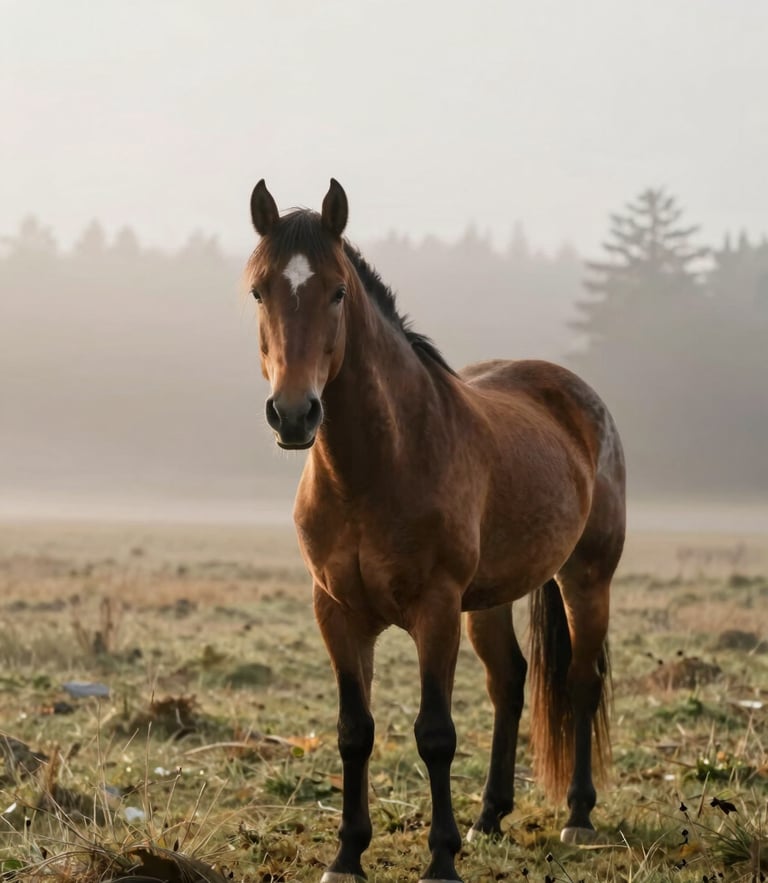 A serene misty morning pasture in Port Orchard Washington, a single horse standing quietly in the soft overcast light, shallow depth of field, warm editorial photography